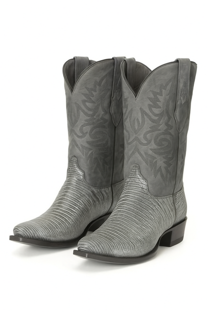 Men's Los Altos Boots 7 Toe Genuine Teju Lizard Sanded Black Leather Boots Handcrafted