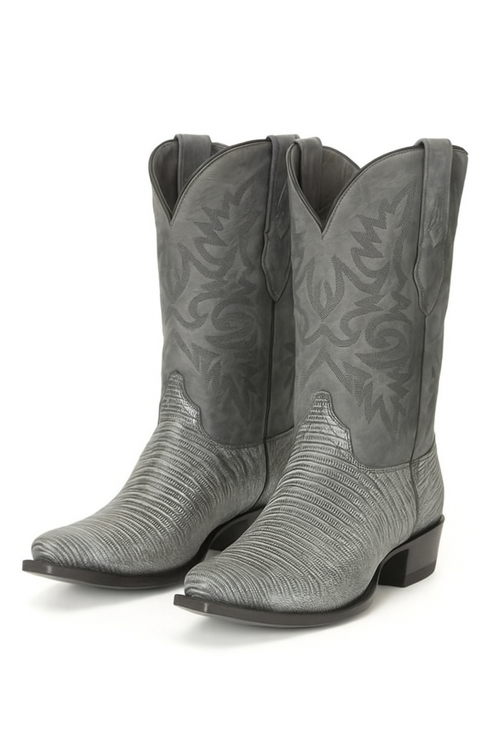 Men's Los Altos Boots 7 Toe Genuine Teju Lizard Sanded Black Leather Boots Handcrafted