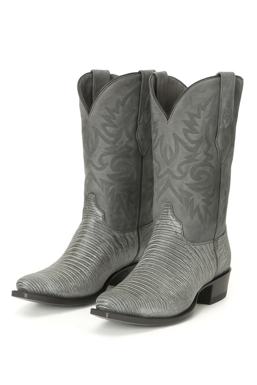 Men's Los Altos Boots 7 Toe Genuine Teju Lizard Sanded Black Leather Boots Handcrafted
