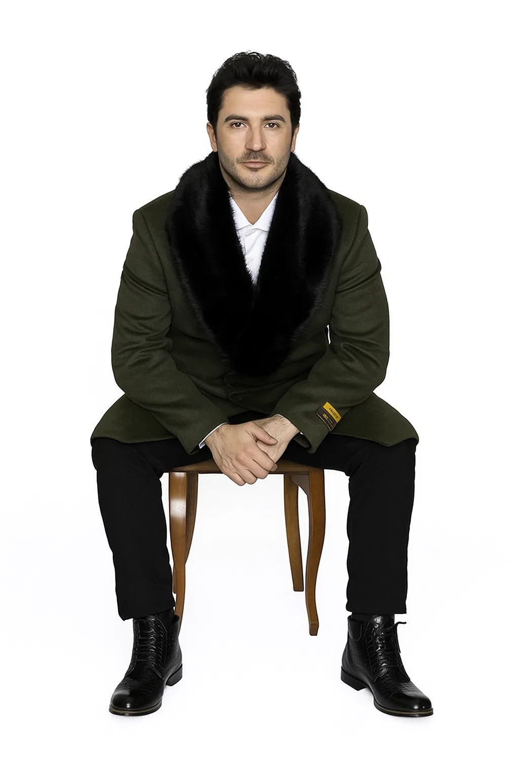Men's Olive Green Removable Fur Collar Full Length Wool Overcoat