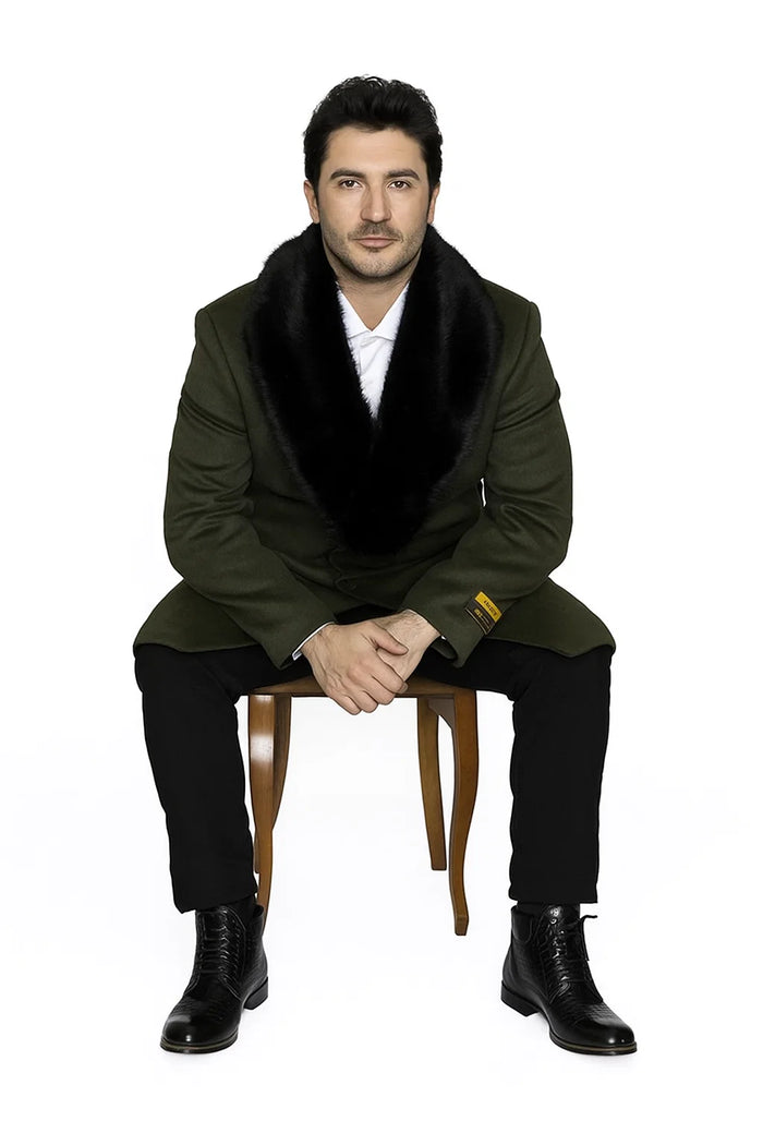 Men's Olive Green Removable Fur Collar Full Length Wool Overcoat