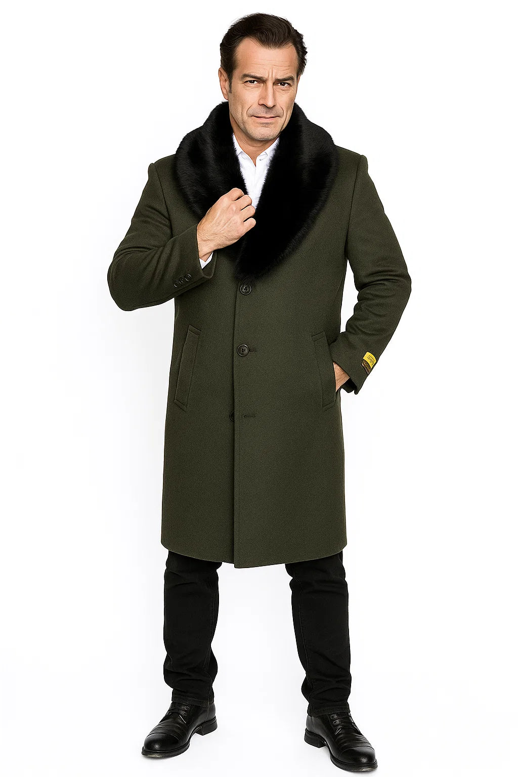 Men's Olive Green Removable Fur Collar Full Length Wool Overcoat