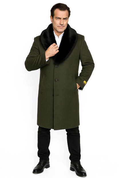 Men's Olive Green Removable Fur Collar Full Length Wool Overcoat