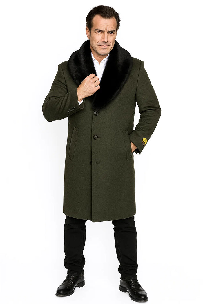 Men's Olive Green Removable Fur Collar Full Length Wool Overcoat