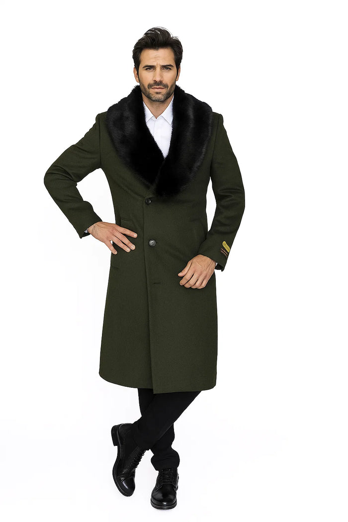 Men's Olive Green Removable Fur Collar Full Length Wool Overcoat
