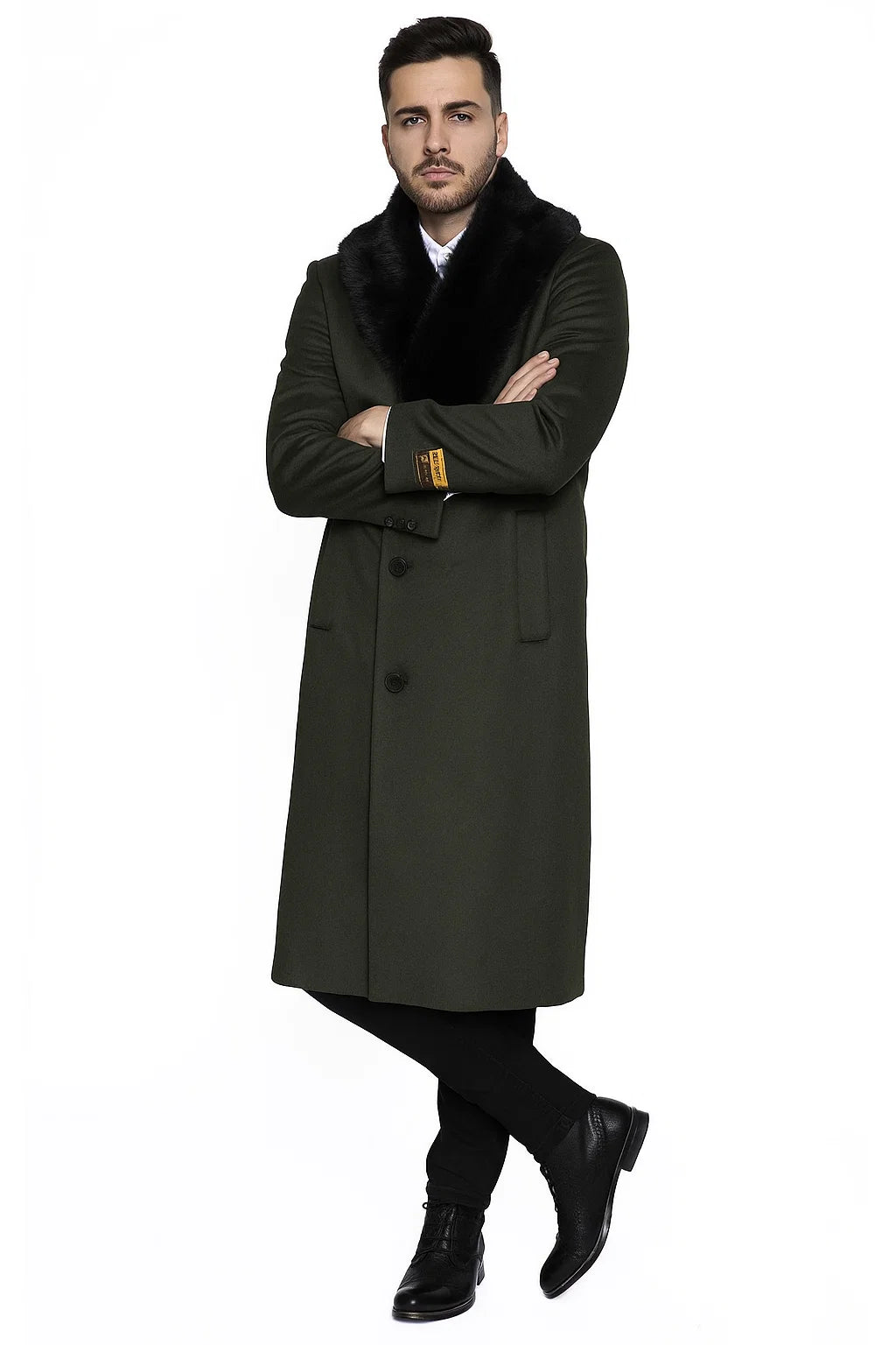 Men's Olive Green Removable Fur Collar Full Length Wool Overcoat