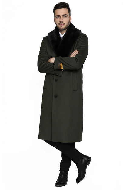 Men's Olive Green Removable Fur Collar Full Length Wool Overcoat