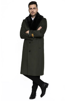 Men's Olive Green Removable Fur Collar Full Length Wool Overcoat