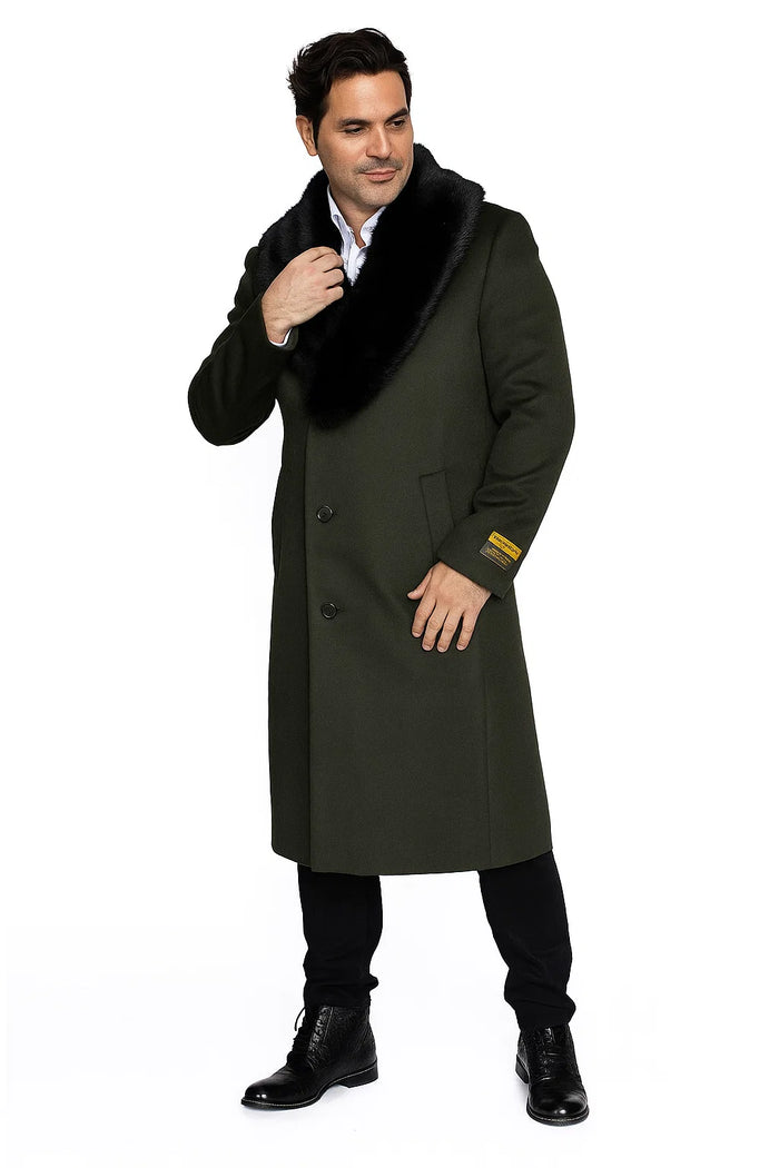 Men's Olive Green Removable Fur Collar Full Length Wool Overcoat