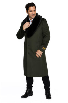 Men's Olive Green Removable Fur Collar Full Length Wool Overcoat