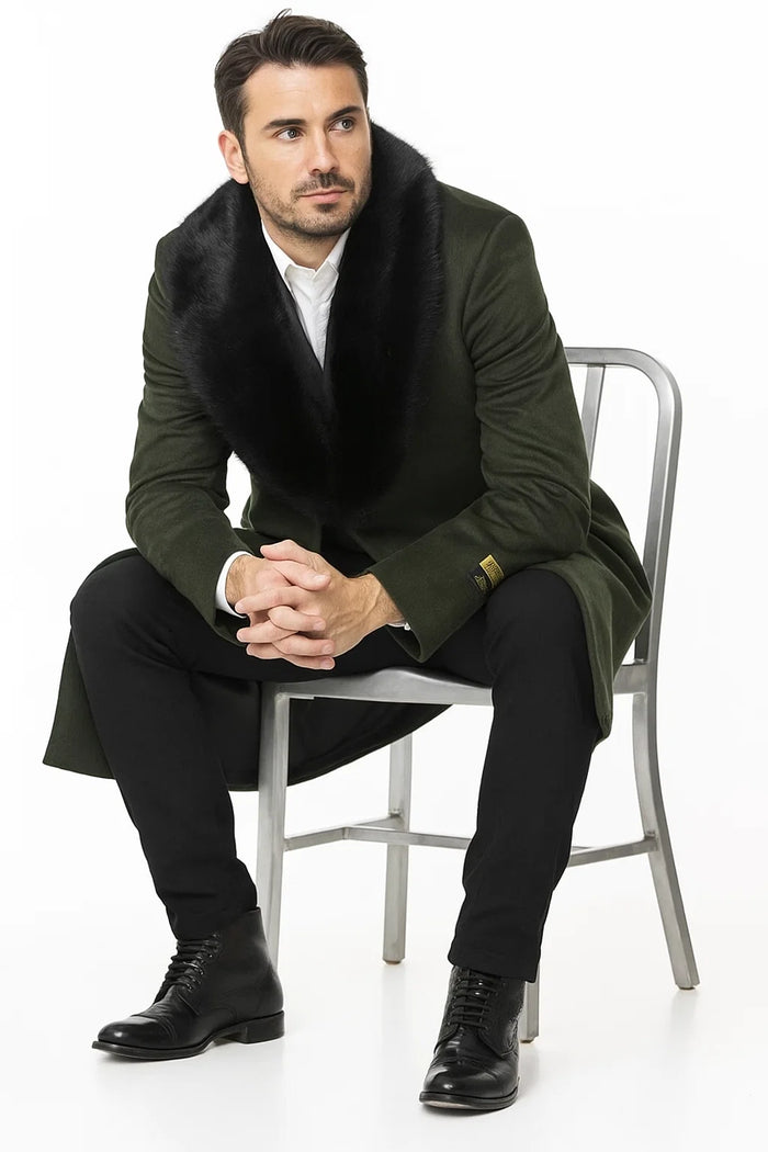 Men's Olive Green Removable Fur Collar Full Length Wool Overcoat
