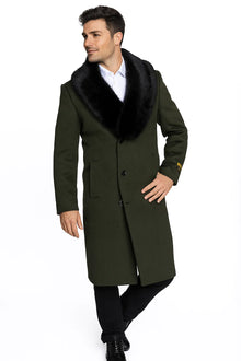 Men's Olive Green Removable Fur Collar Full Length Wool Overcoat