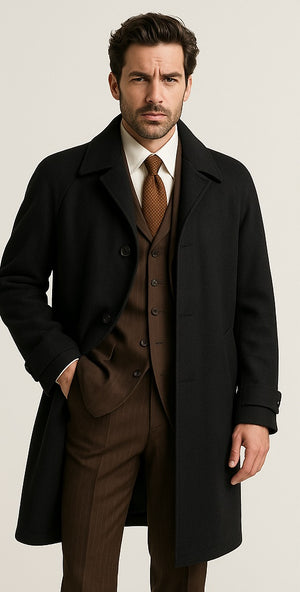 Men's  Peak Lapel Diamond Duster Overcoat Black