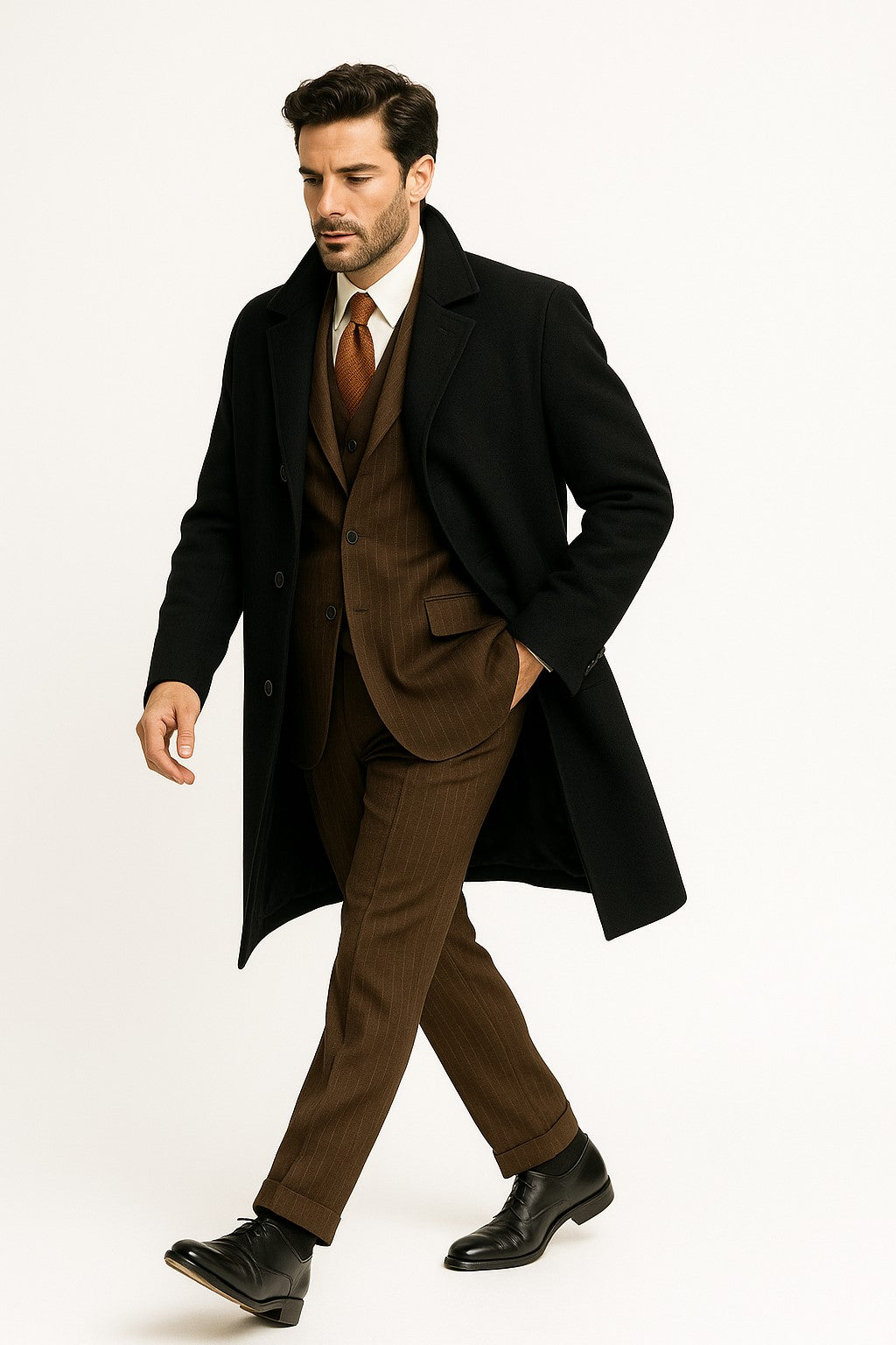 Men's  Peak Lapel Diamond Duster Overcoat Black - Image 3