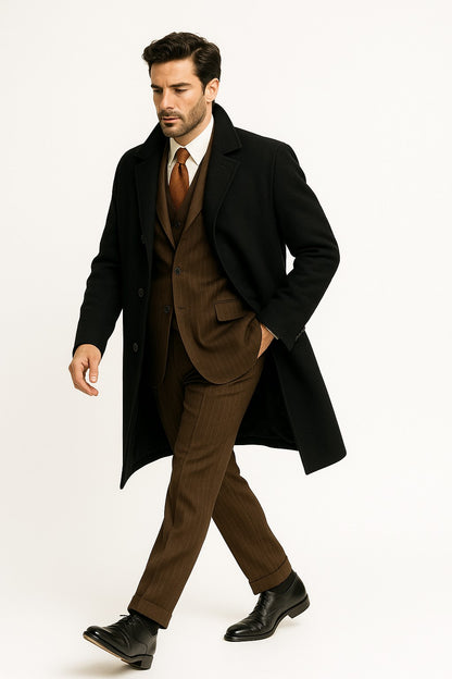 Men's  Peak Lapel Diamond Duster Overcoat Black - Image 3