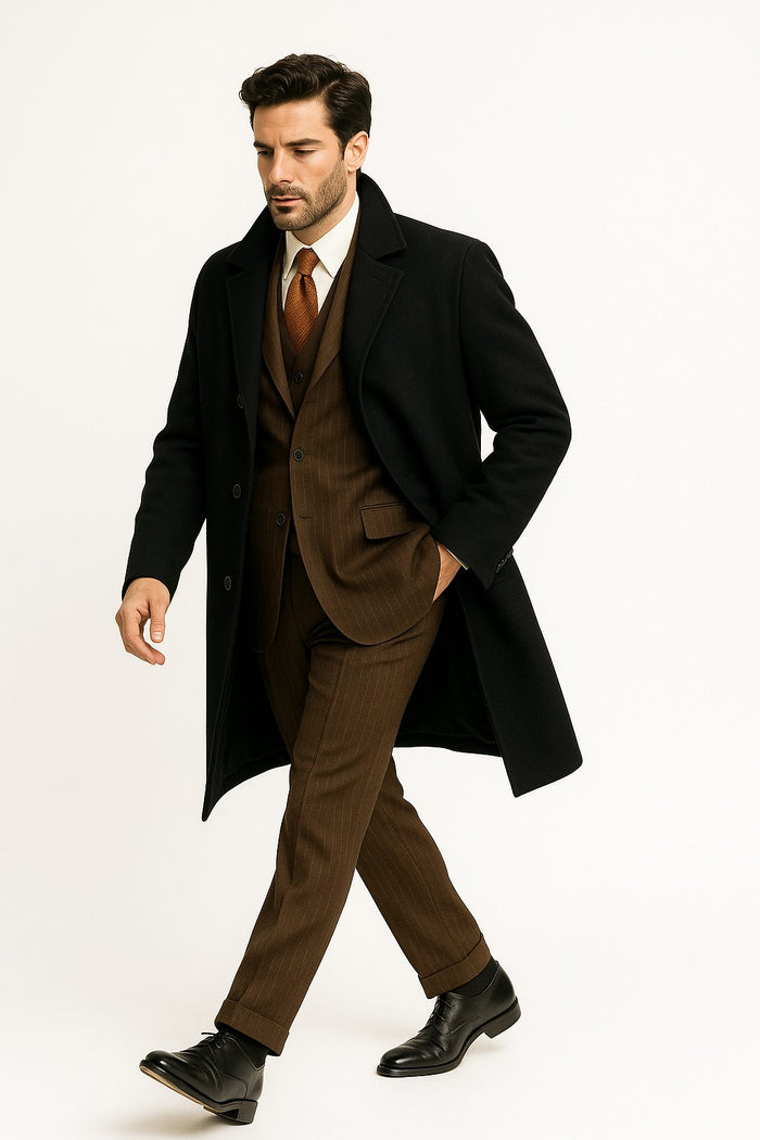 Men's  Peak Lapel Diamond Duster Overcoat Black - Image 3
