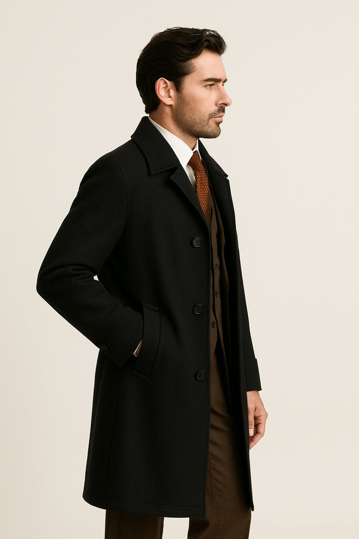 Men's  Peak Lapel Diamond Duster Overcoat Black - Image 4