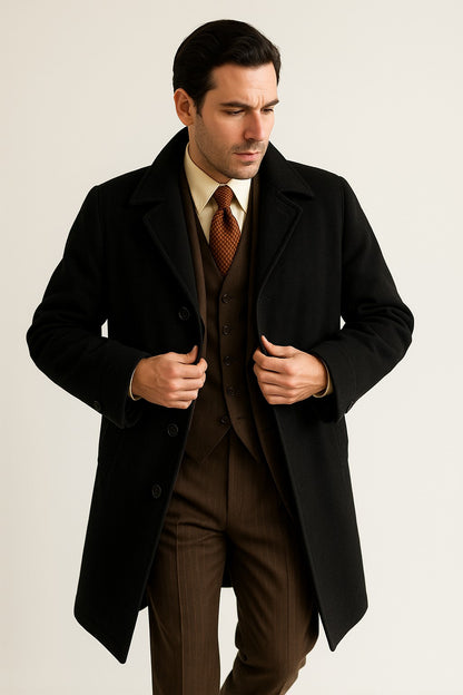 Men's  Peak Lapel Diamond Duster Overcoat Black - Image 6