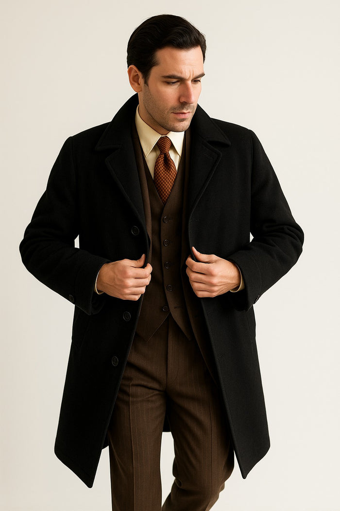 Men's  Peak Lapel Diamond Duster Overcoat Black - Image 6