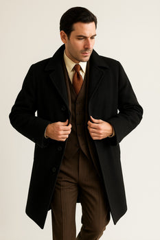 Men's  Peak Lapel Diamond Duster Overcoat Black - Image 6