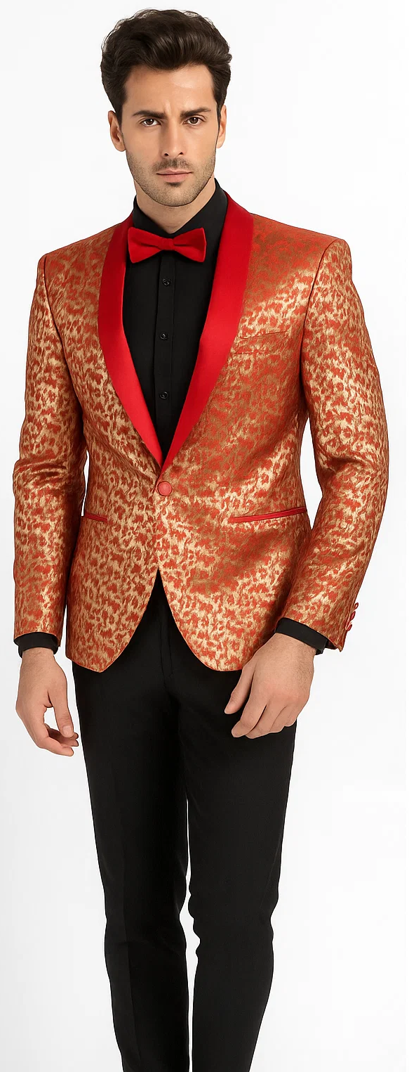 Men's Red and Gold Floral Shawl Collar Tuxedo Dinner Jackets Cheap Priced Blazer Jacket For Men Perfect for Proms & Wedding - Red Tuxedo