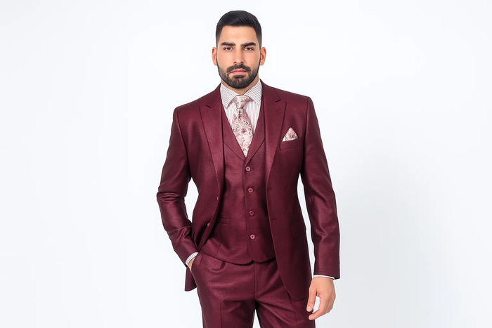 Men's Sharkskin Burgundy ~ Wine ~ Maroon Suit Cheap Priced Business Suits Clearance Sale - Image 2