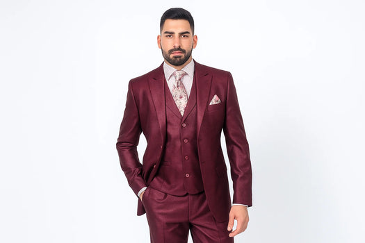 Men's Sharkskin Burgundy ~ Wine ~ Maroon Suit Cheap Priced Business Suits Clearance Sale - Image 2