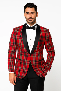 Men's Shawl Lapel Red Plaid ~ Windowpane Dinner Cheap Priced Blazer Jacket For Men & Sport coat Jacket