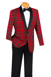 Men's Shawl Lapel Red Plaid ~ Windowpane Dinner Cheap Priced Blazer Jacket For Men & Sport coat Jacket