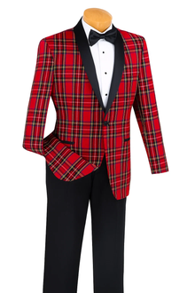Men's Shawl Lapel Red Plaid ~ Windowpane Dinner Cheap Priced Blazer Jacket For Men & Sport coat Jacket