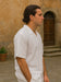 Men's Short Sleeve 100% Linen 2 Piece With Pleated Pant White Shirt  Walking Leisure Suit