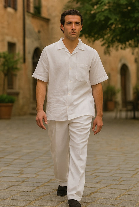 Men's Short Sleeve 100% Linen 2 Piece With Pleated Pant White Shirt  Walking Leisure Suit