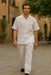 Men's Short Sleeve 100% Linen 2 Piece With Pleated Pant White Shirt  Walking Leisure Suit