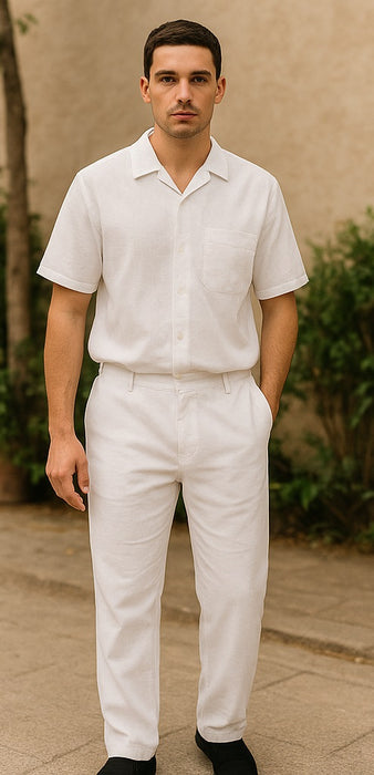 Men's Short Sleeve 100% Linen 2 Piece With Pleated Pant White Shirt  Walking Leisure Suit