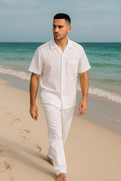 Men's Short Sleeve 100% Linen 2 Piece With Pleated Pant White Shirt  Walking Leisure Suit