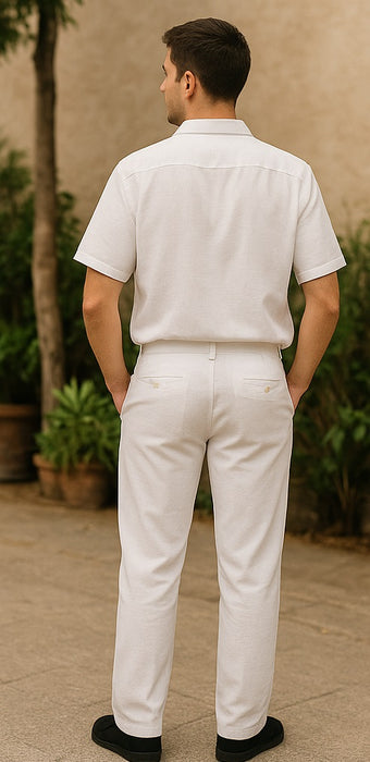 Men's Short Sleeve 100% Linen 2 Piece With Pleated Pant White Shirt  Walking Leisure Suit