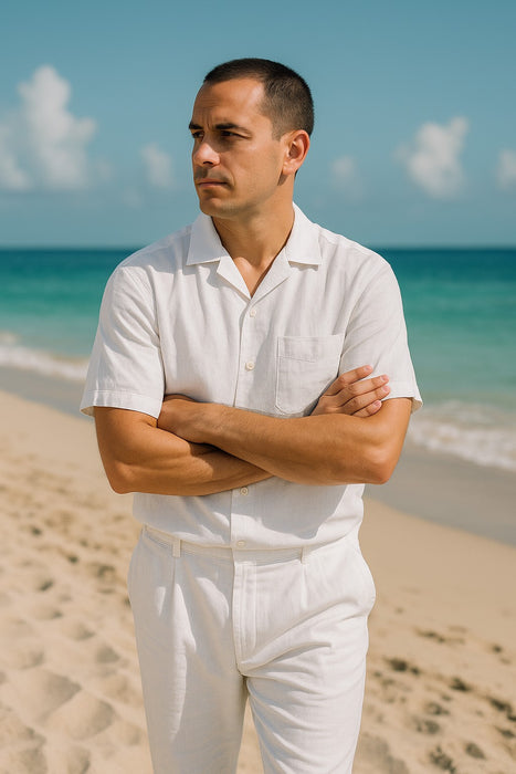 Men's Short Sleeve 100% Linen 2 Piece With Pleated Pant White Shirt  Walking Leisure Suit