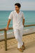Men's Short Sleeve 100% Linen 2 Piece With Pleated Pant White Shirt  Walking Leisure Suit