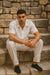 Men's Short Sleeve 100% Linen 2 Piece With Pleated Pant White Shirt  Walking Leisure Suit