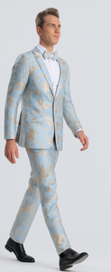 Men's Sky Blue & Silver Gold Floral Paisley Prom Tuxedo