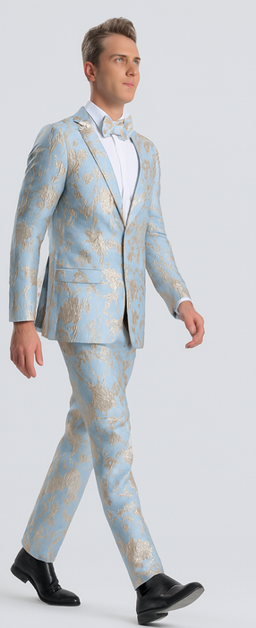 Men's Sky Blue & Silver Gold Floral Paisley Prom Tuxedo