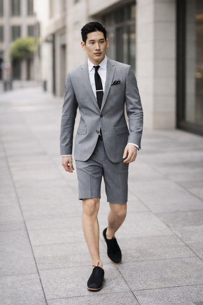 Men's Summer Business Gray Suits With Shorts Pants Set (Sport Coat Looking)