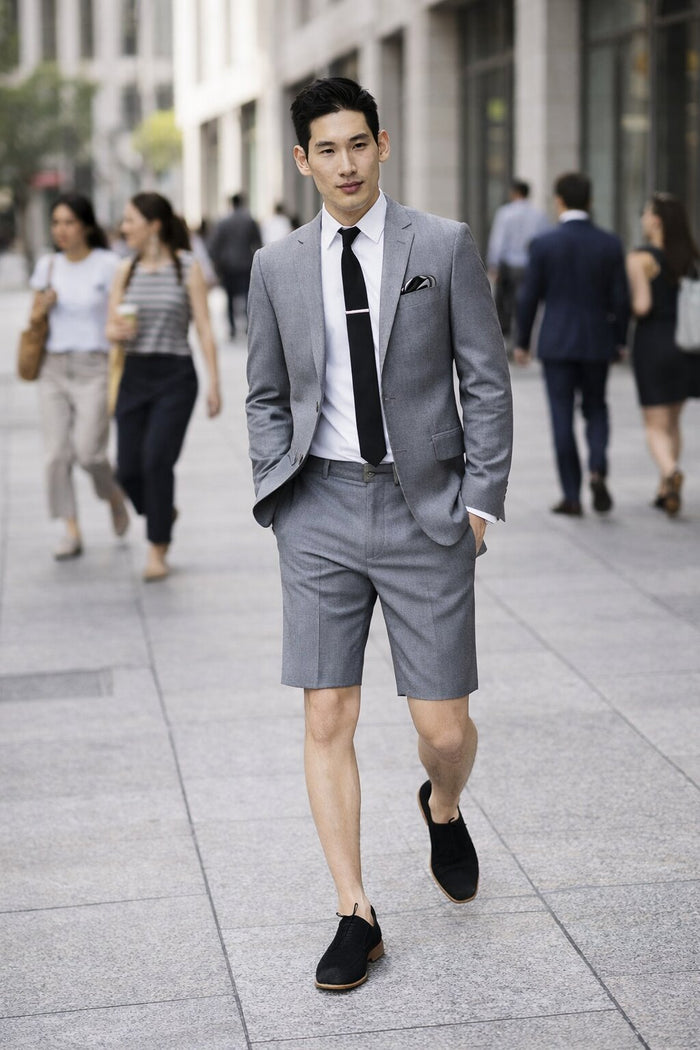 Men's Summer Business Gray Suits With Shorts Pants Set (Sport Coat Looking)
