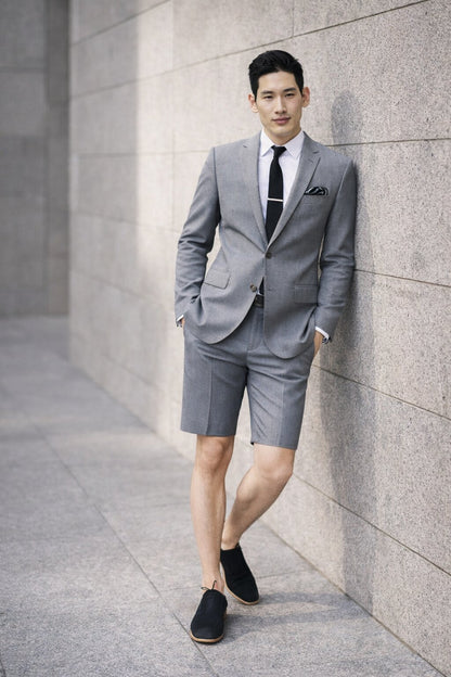 Men's Summer Business Gray Suits With Shorts Pants Set (Sport Coat Looking)