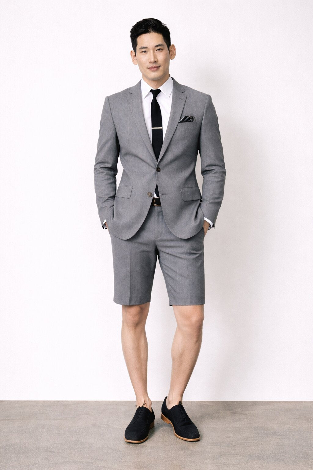 Men's Summer Business Gray Suits With Shorts Pants Set (Sport Coat Looking) Gray / 50 Long Jacket