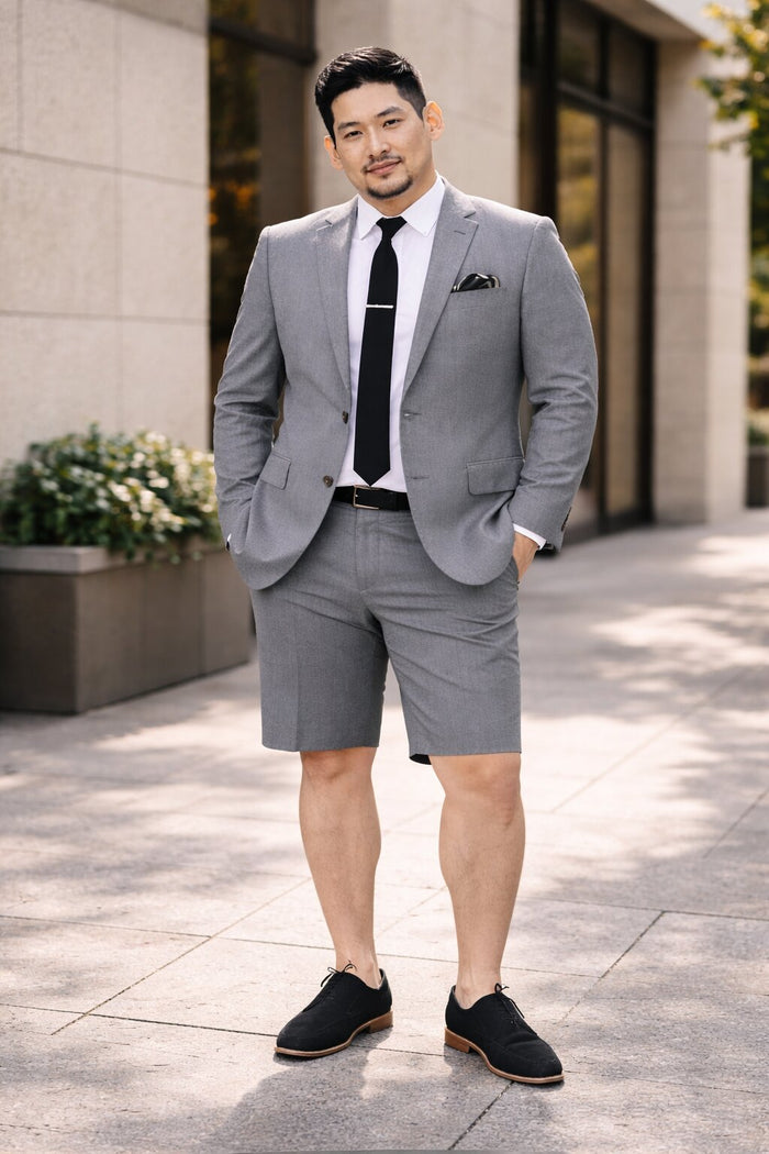 Men's Summer Business Gray Suits With Shorts Pants Set (Sport Coat Looking)
