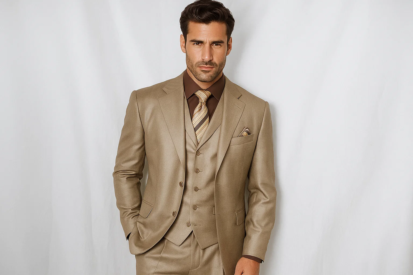 Men's Tan 3 Button Sharkskin Cheap Priced Business Suits Clearance Sale - Image 2