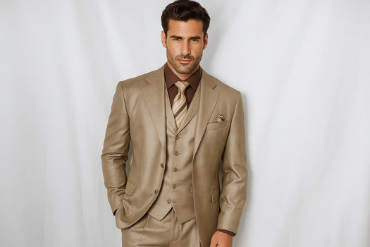 Men's Tan 3 Button Sharkskin Cheap Priced Business Suits Clearance Sale - Image 2