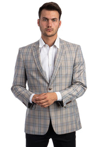 Saco vaquero - Western Sport Coat - Western Blazer- Men's Two Button Regular Fit Sport Coat In Tan, Blue, Gold Windowpane Plaid