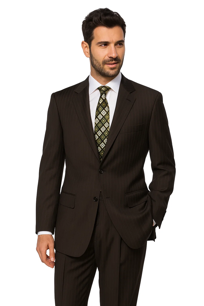 Men's Two Button Brown Pinstripe Cheap Priced Business Suits Clearance Sale - Image 2